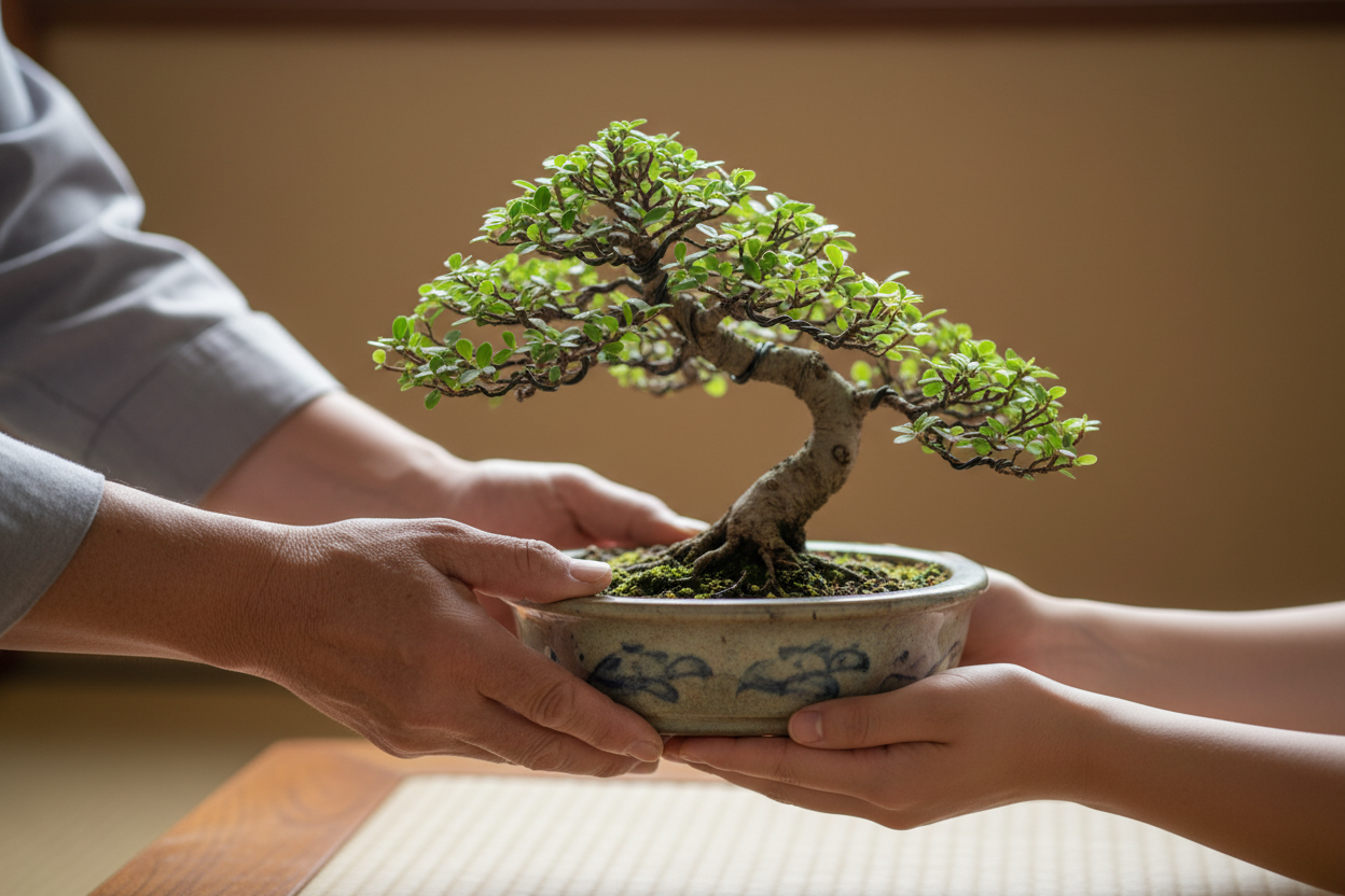 generate an image of a bonsai being handed down to a younger person. do not include faces